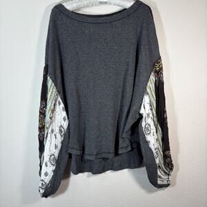 Free People We The Free Blossom Printed Balloon-Sleeve Thermal Sweater Gray S